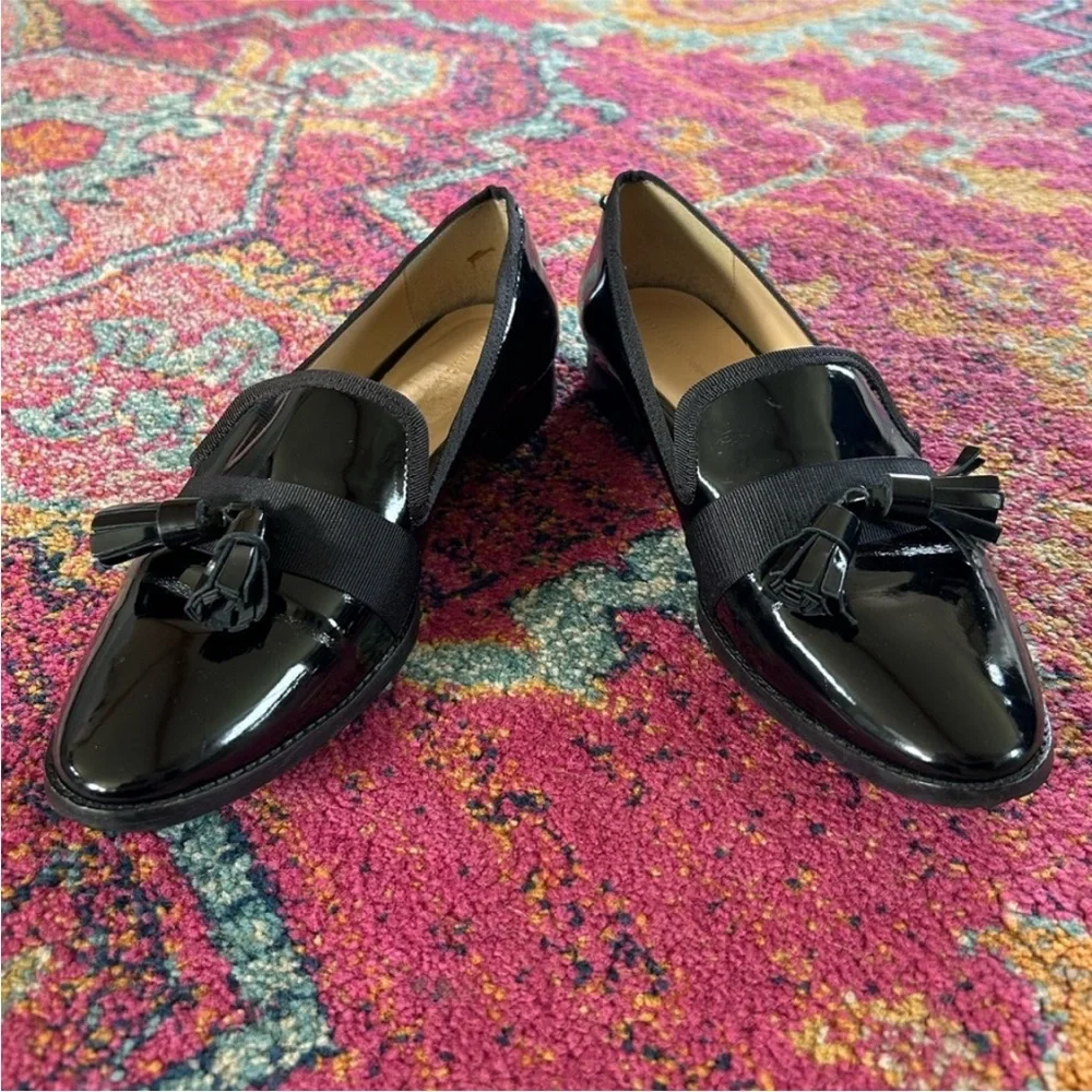 Zara | Women’s Elegant Black Patent Tassel Loafers Low Heel, Euro Size 38 US 7.5